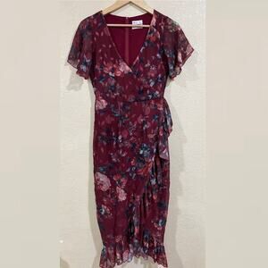 VONE Mireya Floral Ruffle Faux Wrap Midi Dress